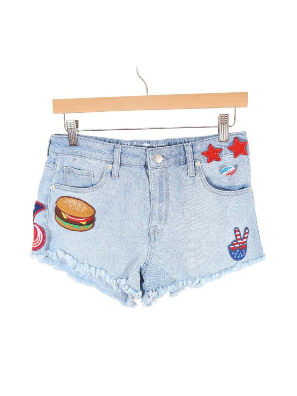 MOSSIMO Patch High Rise Raw Hem Denim Shorts Size 8/29 Patriotic Americana